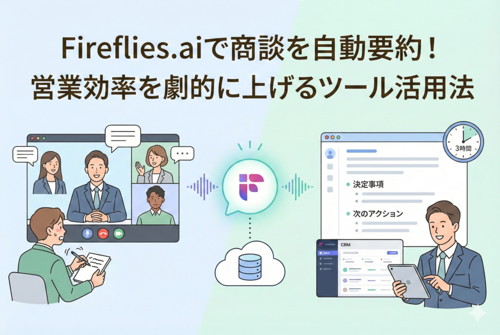 「Fireflies.aiで商談を自動要約！営業効率を劇的に上げるツール活用法」という見出しが入ったアイキャッチ画像。左側にはオンライン会議中に必死にメモを取る人物、中央にはAIによるデータ処理のイメージ、右側には自動生成された要約レポート（決定事項や次のアクション）と、それを見てリラックスしながらCRMを操作する営業担当者の姿が描かれ、ツールの導入効果を対比的に表現したイラスト。