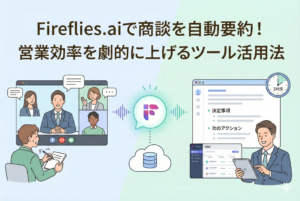 「Fireflies.aiで商談を自動要約！営業効率を劇的に上げるツール活用法」という見出しが入ったアイキャッチ画像。左側にはオンライン会議中に必死にメモを取る人物、中央にはAIによるデータ処理のイメージ、右側には自動生成された要約レポート（決定事項や次のアクション）と、それを見てリラックスしながらCRMを操作する営業担当者の姿が描かれ、ツールの導入効果を対比的に表現したイラスト。