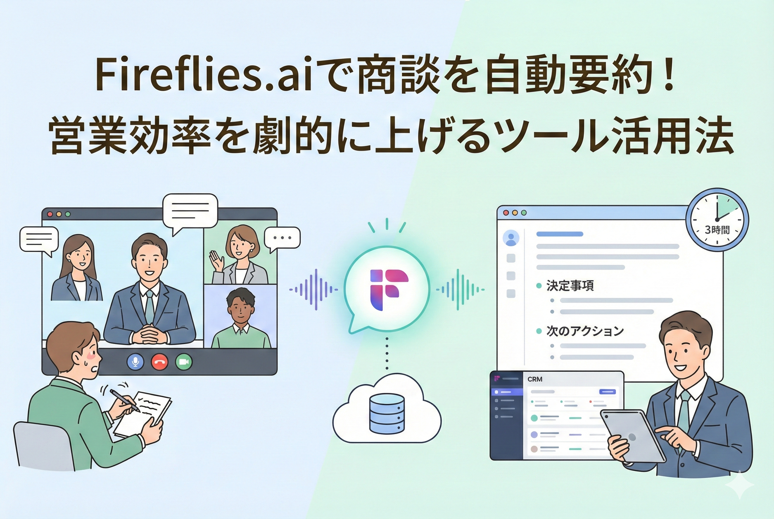 「Fireflies.aiで商談を自動要約！営業効率を劇的に上げるツール活用法」という見出しが入ったアイキャッチ画像。左側にはオンライン会議中に必死にメモを取る人物、中央にはAIによるデータ処理のイメージ、右側には自動生成された要約レポート（決定事項や次のアクション）と、それを見てリラックスしながらCRMを操作する営業担当者の姿が描かれ、ツールの導入効果を対比的に表現したイラスト。