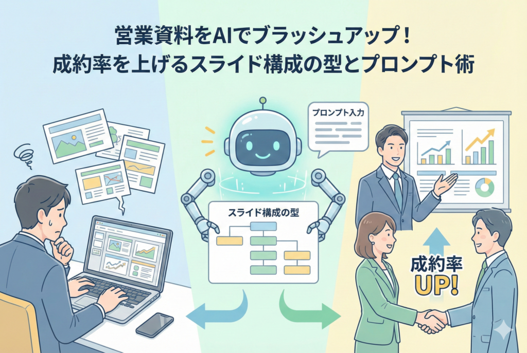 PCの前で頭を抱えるビジネスマンの散らかった営業資料を、AIロボットが「スライド構成の型」と「プロンプト入力」によって整理し、洗練された資料を使ってプレゼンを成功させ、成約率をアップさせるまでの流れを描いたイラスト。画像上部には「営業資料をAIでブラッシュアップ!成約率を上げるスライド構成の型とプロンプト術」という見出しがあります。