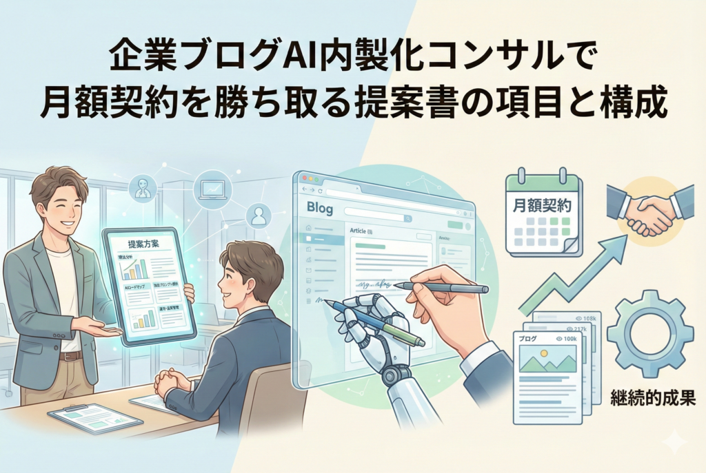 「企業のブログ運営をAIで内製化するコンサルタントが提案書を提示している様子と、AIライティングによる効率化、月額契約の成立、ブログの成長を表すグラフが描かれたアイキャッチ画像」