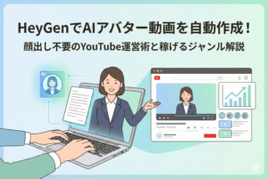 パソコンでHeyGenを操作し、AIアバターによるYouTube動画を制作しているイラスト。画面には女性のアバターとYouTubeのインターフェース、そして右肩上がりの成長グラフが表示されている。上部には「HeyGenでAIアバター動画を自動作成！顔出し不要のYouTube運営術と稼げるジャンル解説」というタイトルが入っている。