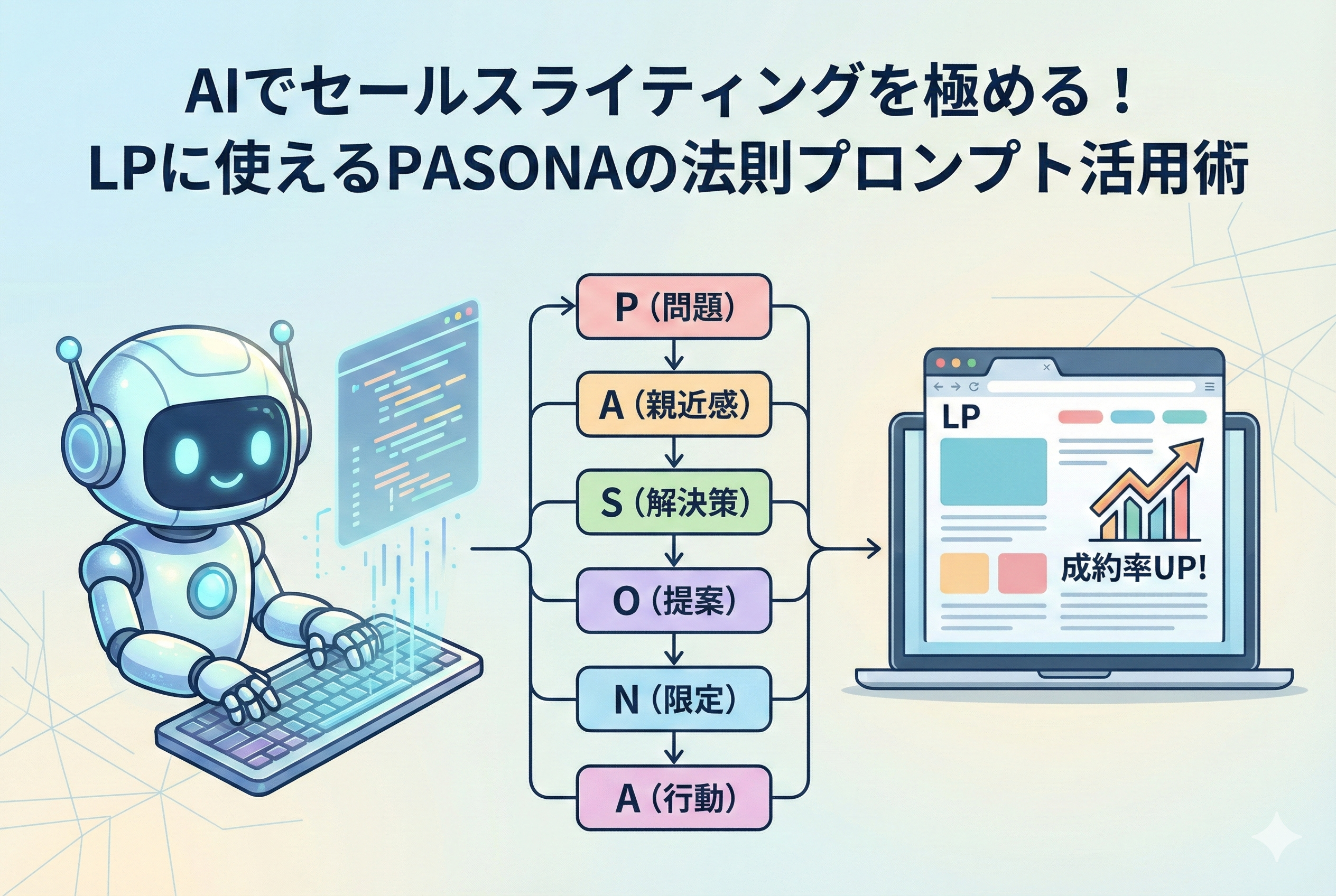 AIロボットがキーボードを操作し、「P（問題）・A（親近感）・S（解決策）・O（提案）・N（限定）・A（行動）」というPASONAの法則のフローチャートを経て、成約率が向上するランディングページ（LP）を完成させるまでの流れを描いた図解イラスト。上部に記事タイトル「AIでセールスライティングを極める！LPに使えるPASONAの法則プロンプト活用術」が表示されている。