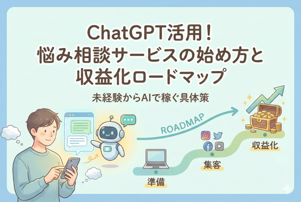 スマートフォンを手に相談する男性と、親身に寄り添うAIロボット、そして「準備・集客・収益化」へと続く成功へのロードマップが描かれた明るいイラスト。上部には「ChatGPT活用!悩み相談サービスの始め方と収益化ロードマップ」という大きな日本語見出しが入っています。