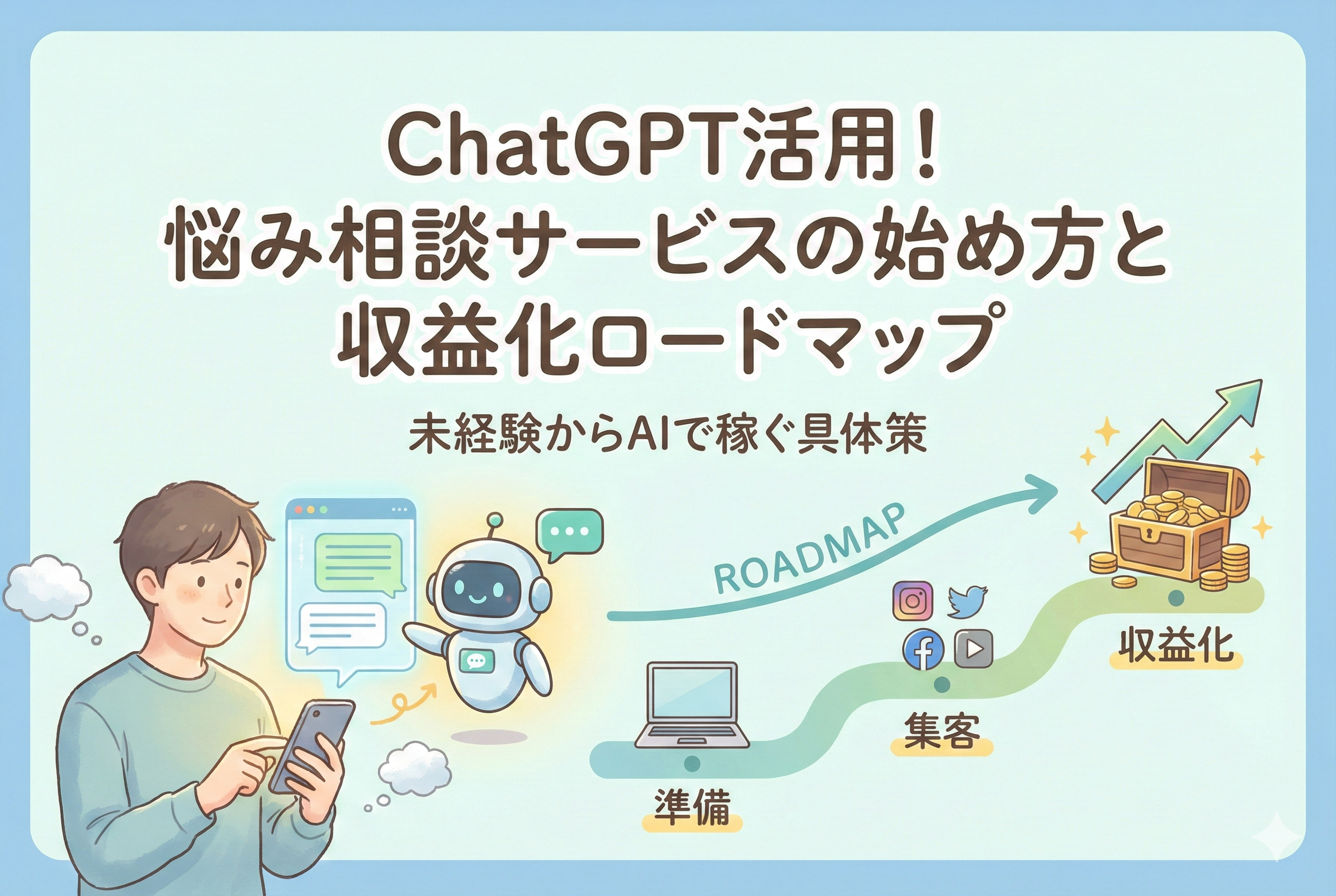 スマートフォンを手に相談する男性と、親身に寄り添うAIロボット、そして「準備・集客・収益化」へと続く成功へのロードマップが描かれた明るいイラスト。上部には「ChatGPT活用！悩み相談サービスの始め方と収益化ロードマップ」という大きな日本語見出しが入っています。