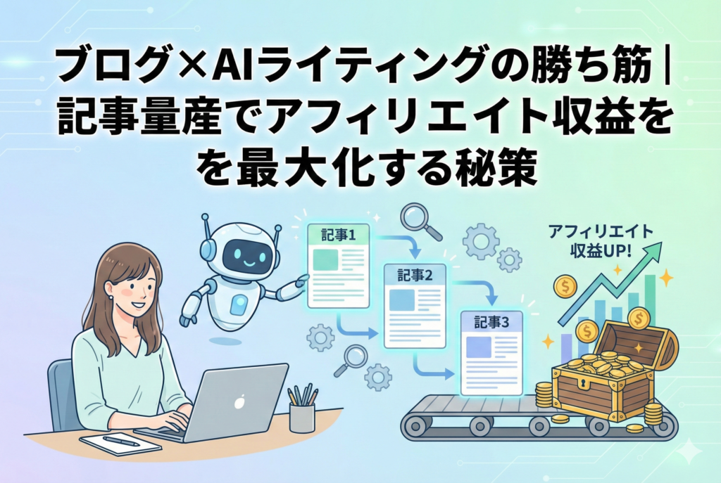 AIライティングを活用してブログ記事を量産し、アフィリエイト収益を右肩上がりに成長させている様子を描いたイラスト。明るい色調で清潔感があり、初心者にも親しみやすいデザイン。