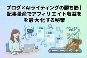 AIライティングを活用してブログ記事を量産し、アフィリエイト収益を右肩上がりに成長させている様子を描いたイラスト。明るい色調で清潔感があり、初心者にも親しみやすいデザイン。