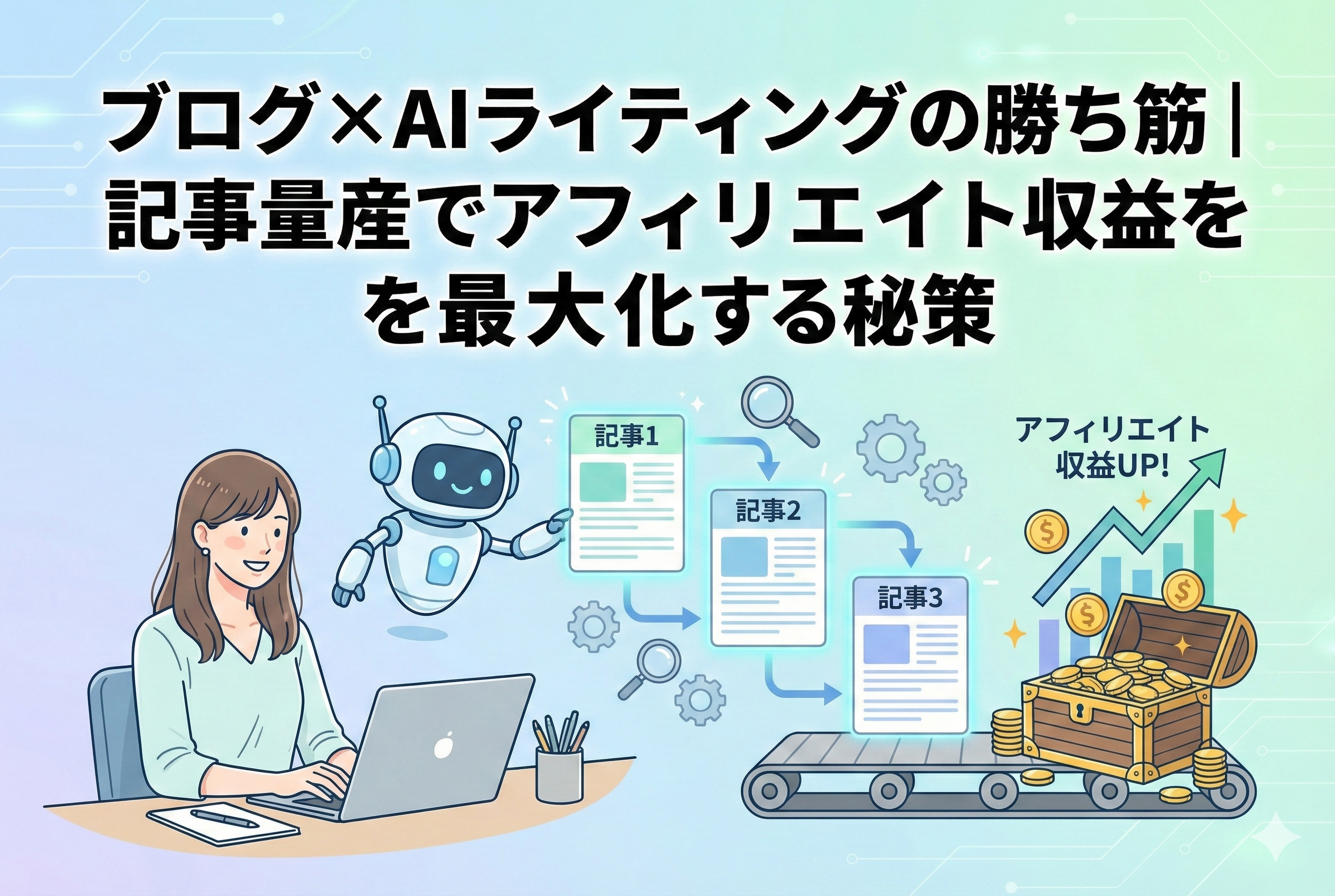 AIライティングを活用してブログ記事を量産し、アフィリエイト収益を右肩上がりに成長させている様子を描いたイラスト。明るい色調で清潔感があり、初心者にも親しみやすいデザイン。