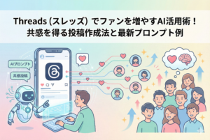笑顔のAIロボットがパソコンを操作する男性をサポートし、スマートフォンのThreads画面からたくさんのハートが溢れ出して大勢のフォロワーに繋がっていく様子を描いた、清潔感のあるパステルカラーのイラスト。画像の中央上部には「Threads（スレッズ）でファンを増やすAI活用術！共感を得る投稿作成法と最新プロンプト例」という日本語の見出しが入っています。