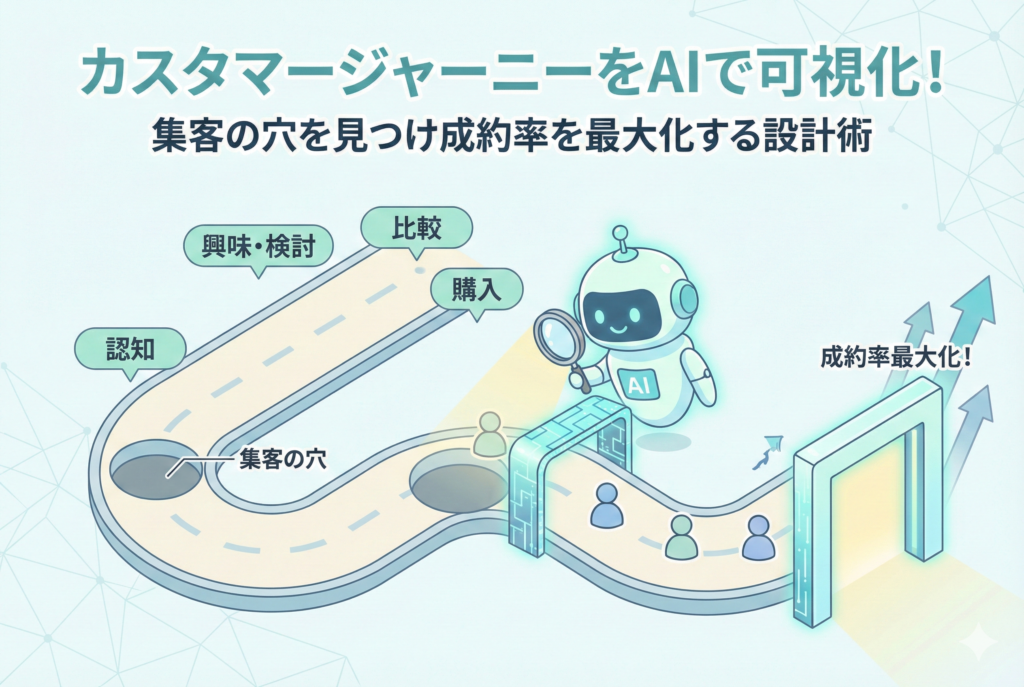 カスタマージャーニーを象徴する道の上に、認知・興味検討・比較・購入といった各フェーズのラベルがあり、AIロボットが虫眼鏡を使って「集客の穴」を特定しているイラスト。道を進むユーザーが最終的に「成約率最大化」という光り輝くゴールへ辿り着く様子を、清潔感のあるクリーンなデザインで表現している。