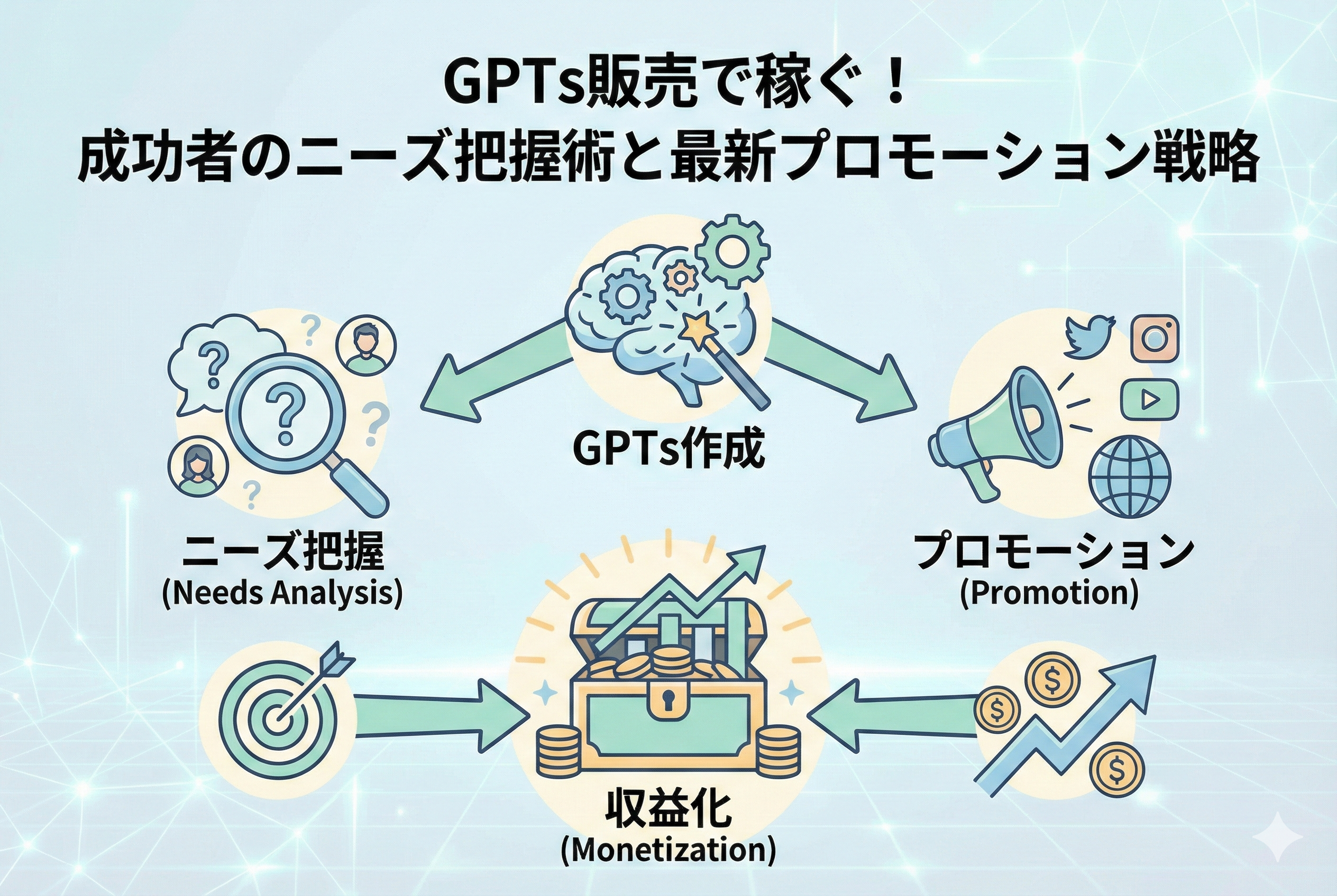 GPTs販売で稼ぐための戦略を示すインフォグラフィック。「ニーズ把握」「GPTs作成」「プロモーション」の3つの要素が矢印で繋がり、最終的に「収益化」された宝箱と上昇するグラフへと至るプロセスを視覚的に表現しています。