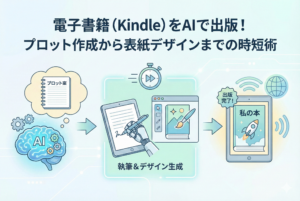AIを活用して電子書籍のプロット作成、執筆、表紙デザインを効率化し、Kindle出版を成功させるまでの流れを視覚化した清潔感のあるイラスト。