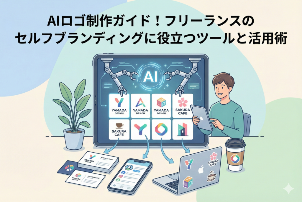 大きなタブレット端末の画面内でAIロボットの腕が様々なロゴデザインを生成しており、それらが名刺、スマートフォン、ノートPC、コーヒーカップなどの実物アイテムに美しく展開されている様子を描いたイラスト。右側にはタブレットを手に満足げな表情の男性が座っています。中央上部には「AIロゴ制作ガイド!フリーランスのセルフブランディングに役立つツールと活用術」という見出しが添えられています。