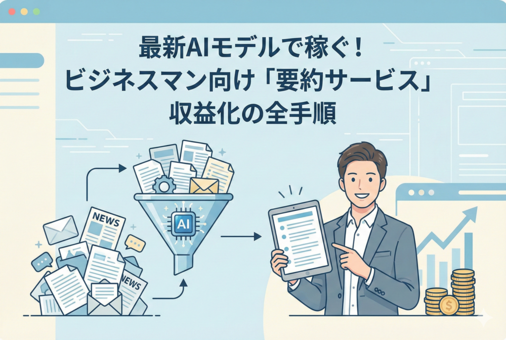 大量のニュースや書類、メールが「AI」と書かれた漏斗(ファンネル)を通り、整理された要約としてタブレットに表示されているイラスト。それを手にした笑顔のビジネスマンと、傍らに積み上げられた金貨や上昇グラフが描かれ、収益化の成功を表現しています。上部には「最新AIモデルで稼ぐ!ビジネスマン向け『要約サービス』収益化の全手順」という見出しが入っています。