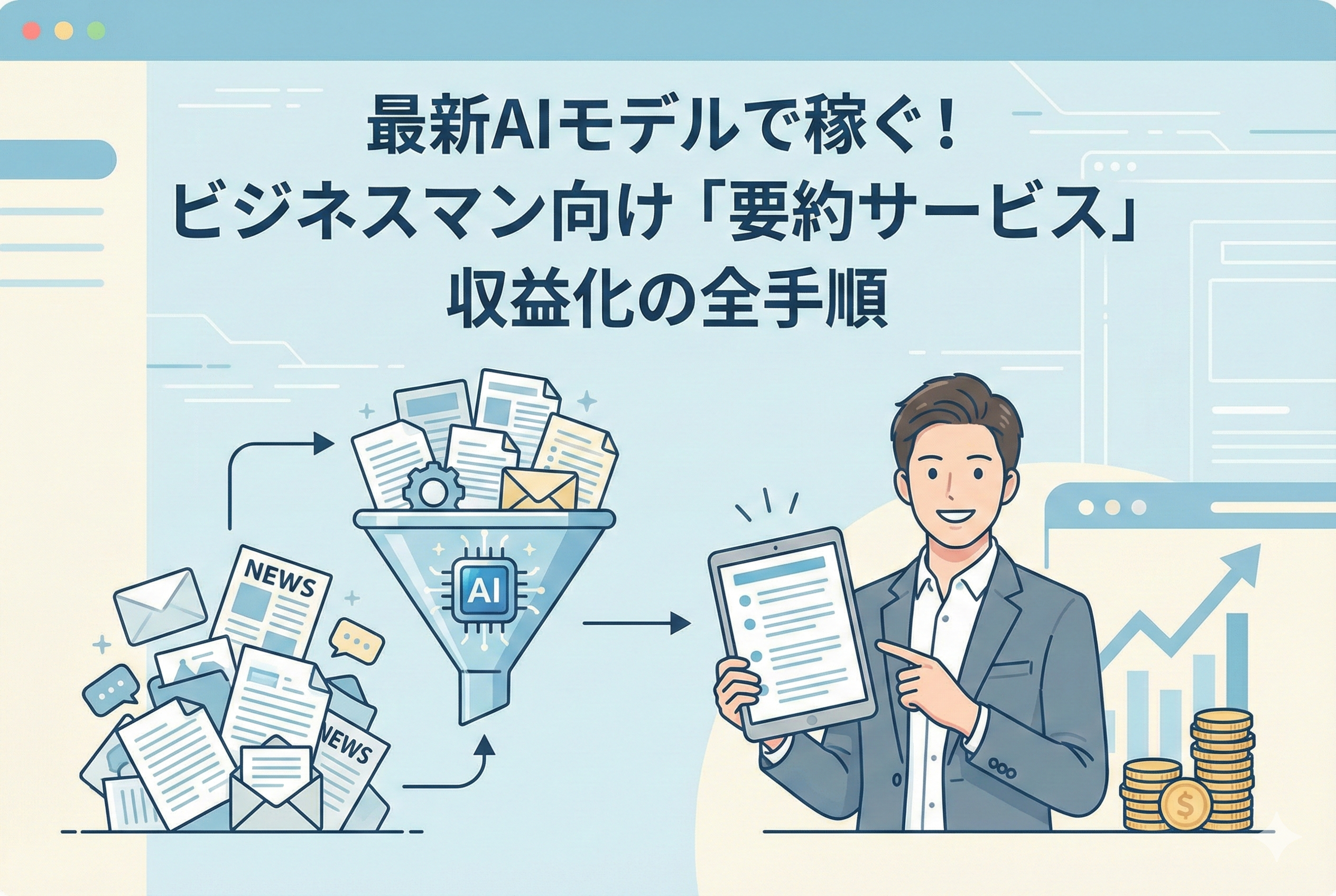 大量のニュースや書類、メールが「AI」と書かれた漏斗(ファンネル)を通り、整理された要約としてタブレットに表示されているイラスト。それを手にした笑顔のビジネスマンと、傍らに積み上げられた金貨や上昇グラフが描かれ、収益化の成功を表現しています。上部には「最新AIモデルで稼ぐ!ビジネスマン向け『要約サービス』収益化の全手順」という見出しが入っています。