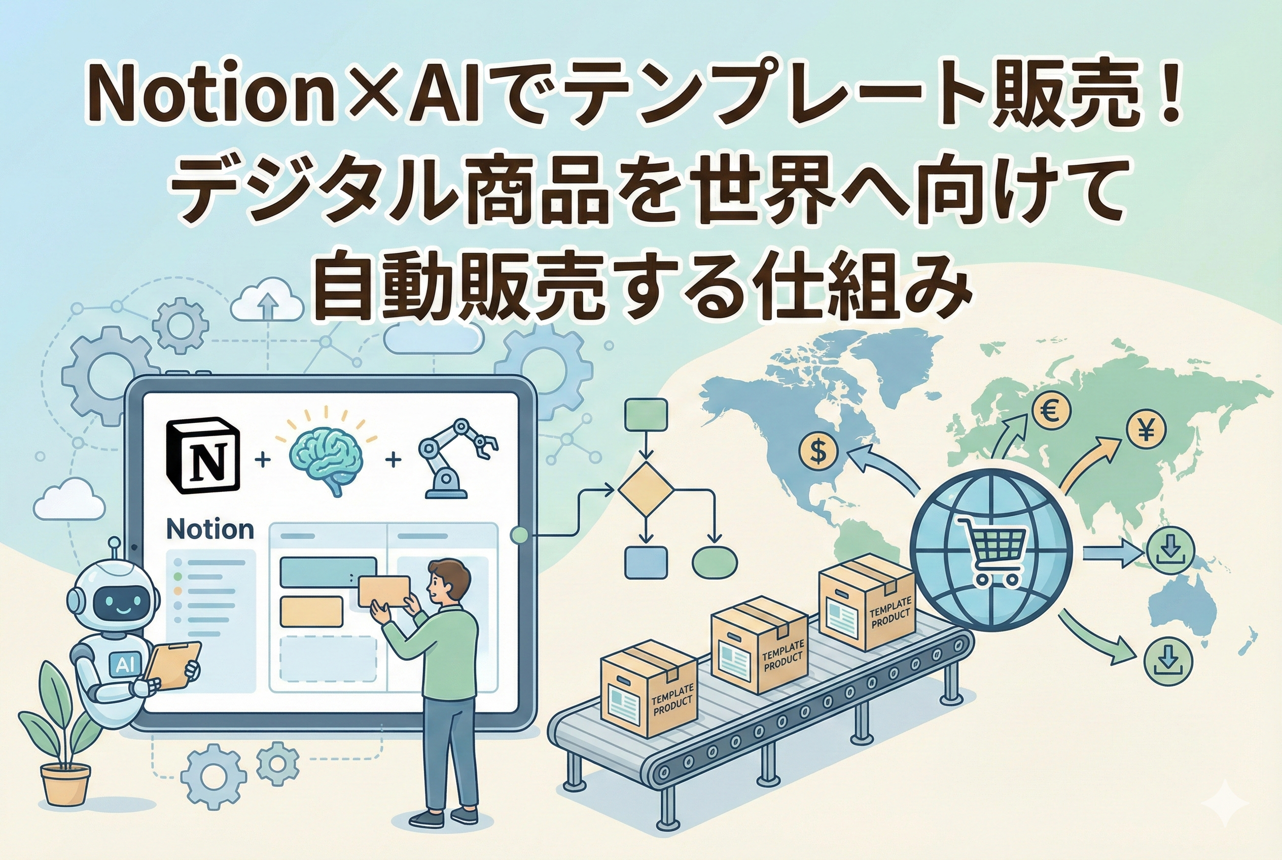 NotionとAIを掛け合わせてテンプレートを制作し、世界中のユーザーへ向けてデジタル商品を自動販売する仕組みを表現したアイキャッチ画像。ノートパソコン、AIのモチーフ、そしてグローバルな販売ルートが清潔感のある精緻なイラストで描かれています。