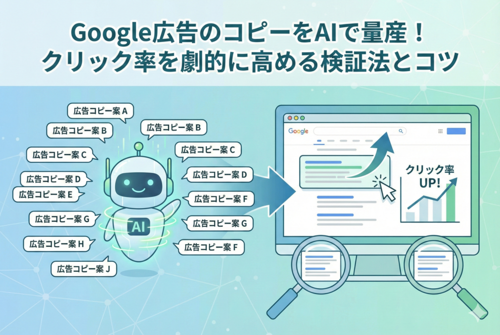 AIキャラクターが多様な広告コピー案を次々と生成し、それがパソコン画面上の検索広告と右肩上がりのクリック率グラフに反映されている様子を描いた、データ検証と効率化を象徴するイラスト