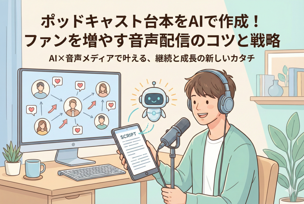 ヘッドホンを装着してマイクで話す男性と、タブレットに台本(SCRIPT)を表示させてサポートする小さなAIロボット、背景のモニターにはファンとの繋がりが描かれた、音声配信のAI活用を象徴するイラスト
