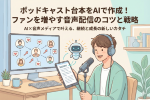 ヘッドホンを装着してマイクで話す男性と、タブレットに台本（SCRIPT）を表示させてサポートする小さなAIロボット、背景のモニターにはファンとの繋がりが描かれた、音声配信のAI活用を象徴するイラスト
