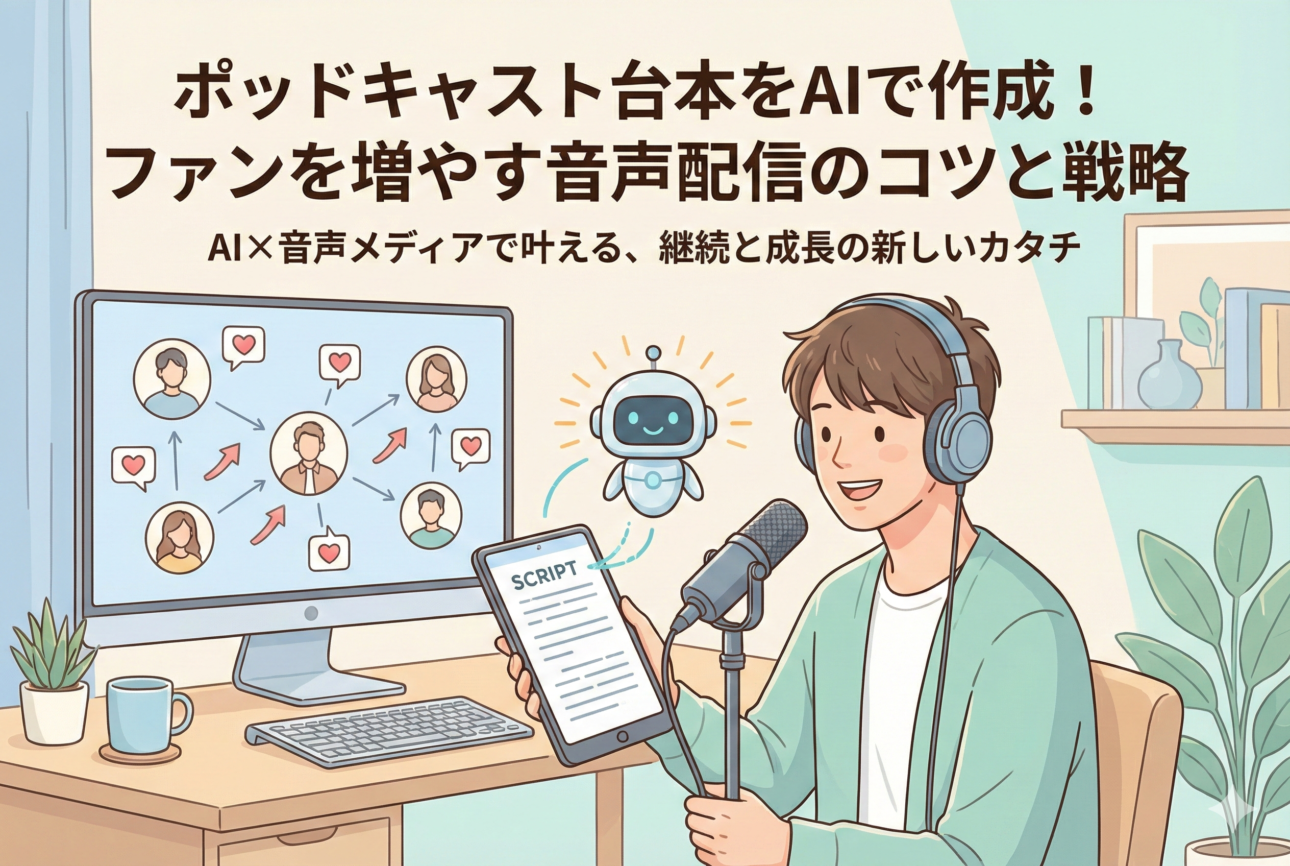 ヘッドホンを装着してマイクで話す男性と、タブレットに台本(SCRIPT)を表示させてサポートする小さなAIロボット、背景のモニターにはファンとの繋がりが描かれた、音声配信のAI活用を象徴するイラスト