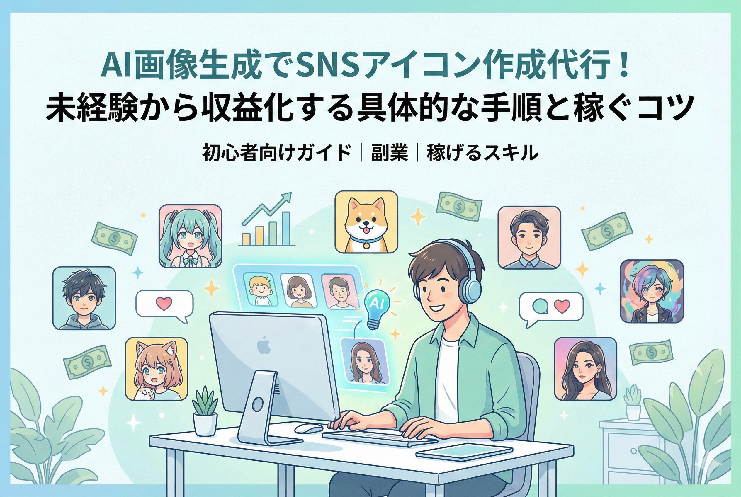 パソコンの前でAI画像生成を活用し、様々なSNS用アイコンを作成して収益化（副業）に取り組む人物のクリーンなイラスト。背景には生成された多様なキャラクターアイコンや上昇グラフが描かれ、上部には「AI画像生成でSNSアイコン作成代行！未経験から収益化する具体的な手順と稼ぐコツ」という見出しが入っています。