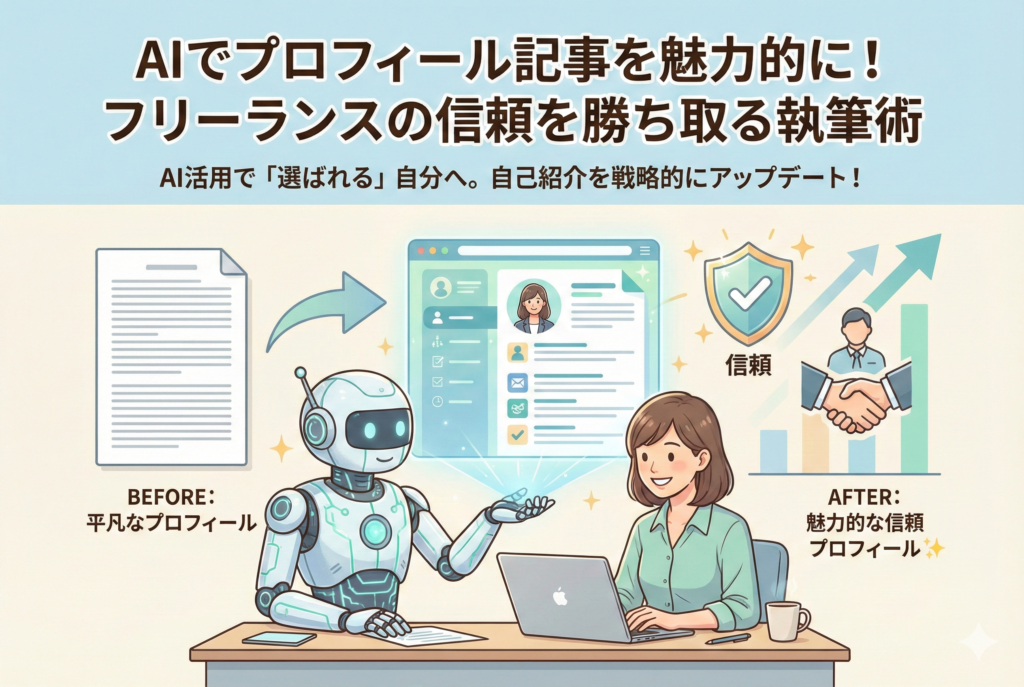 AIロボットと協力してフリーランスの女性が自分のプロフィールを推敲しているイラスト。平凡な下書きが、AIの力で信頼感や実績を強調する魅力的な自己紹介へと変化し、握手や上昇グラフのアイコンで成約率アップを表現している様子。