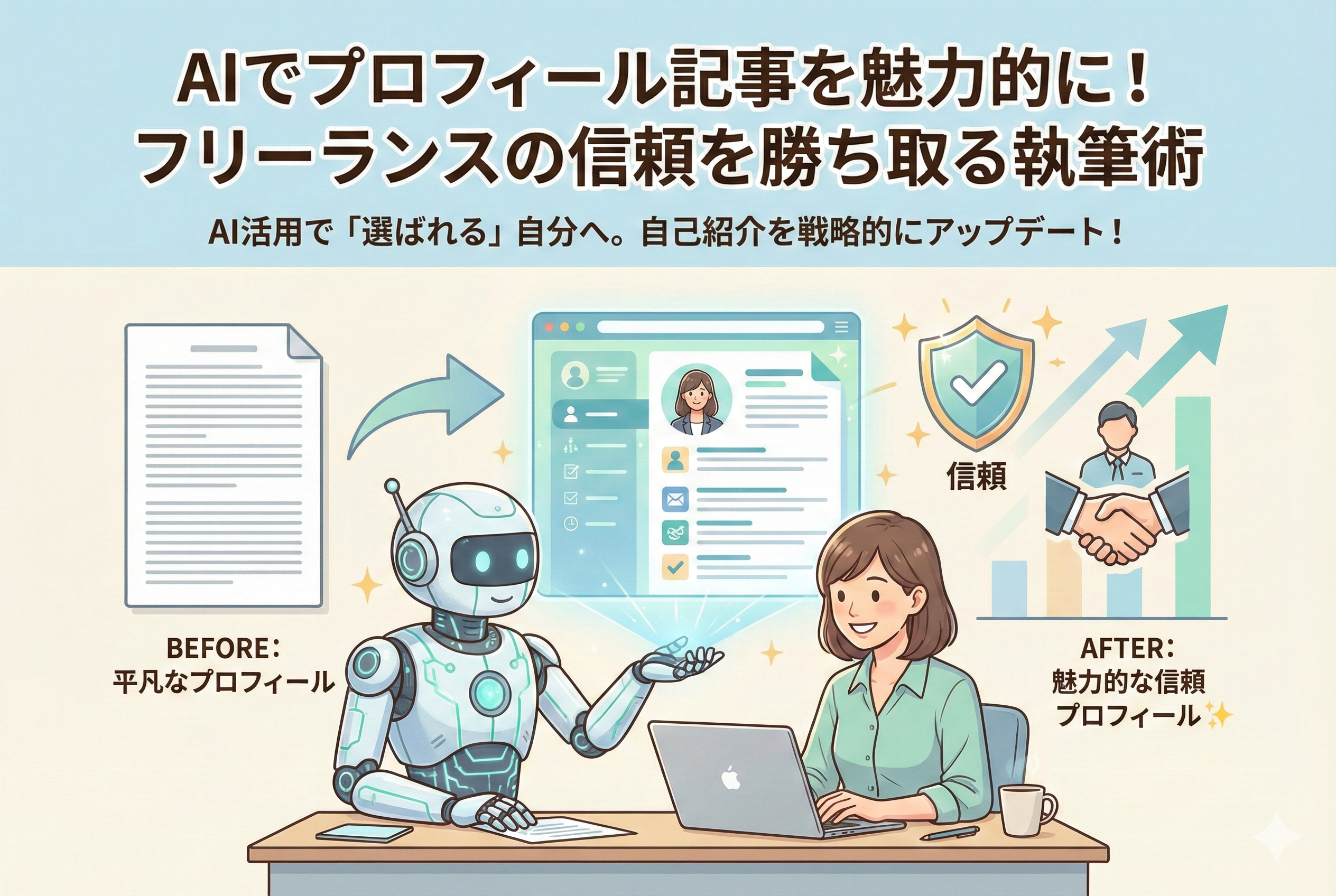 AIロボットと協力してフリーランスの女性が自分のプロフィールを推敲しているイラスト。平凡な下書きが、AIの力で信頼感や実績を強調する魅力的な自己紹介へと変化し、握手や上昇グラフのアイコンで成約率アップを表現している様子。