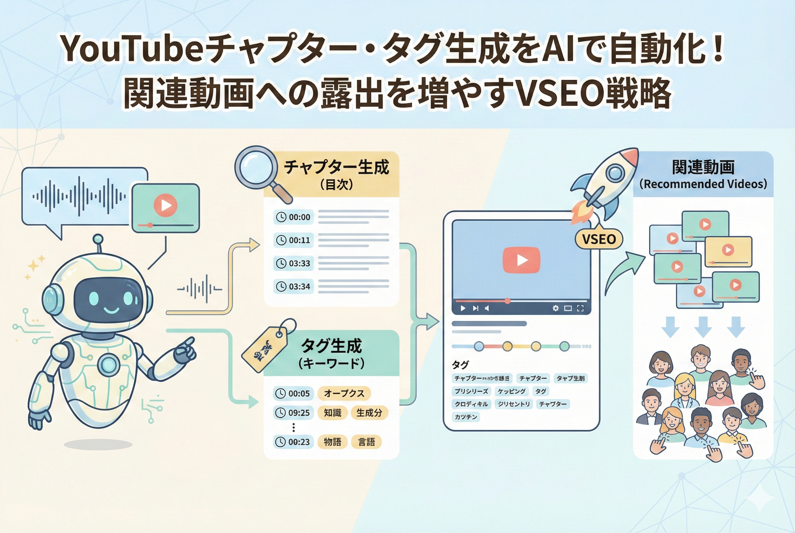 AIがYouTube動画の音声を解析してチャプターやタグを自動生成し、VSEO効果によって関連動画への露出や視聴者数が増えていく仕組みを解説したイラスト図解