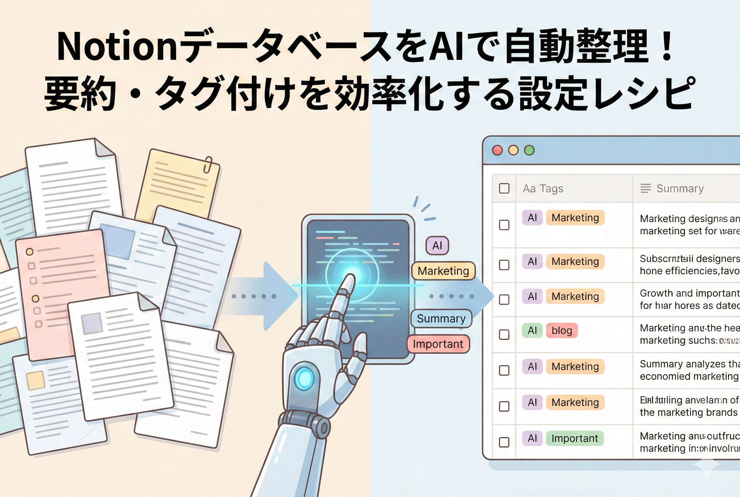 左側に山積みになった乱雑な書類が、中央のAIロボットアームとスキャン画面を通過することで、右側の整然としたNotionデータベースへと変換される様子を描いたイラスト。データベースには「AI」「Marketing」「Important」などのタグと要約文が自動生成されている。上部には「NotionデータベースをAIで自動整理!要約・タグ付けを効率化する設定レシピ」というタイトルが配置されている。