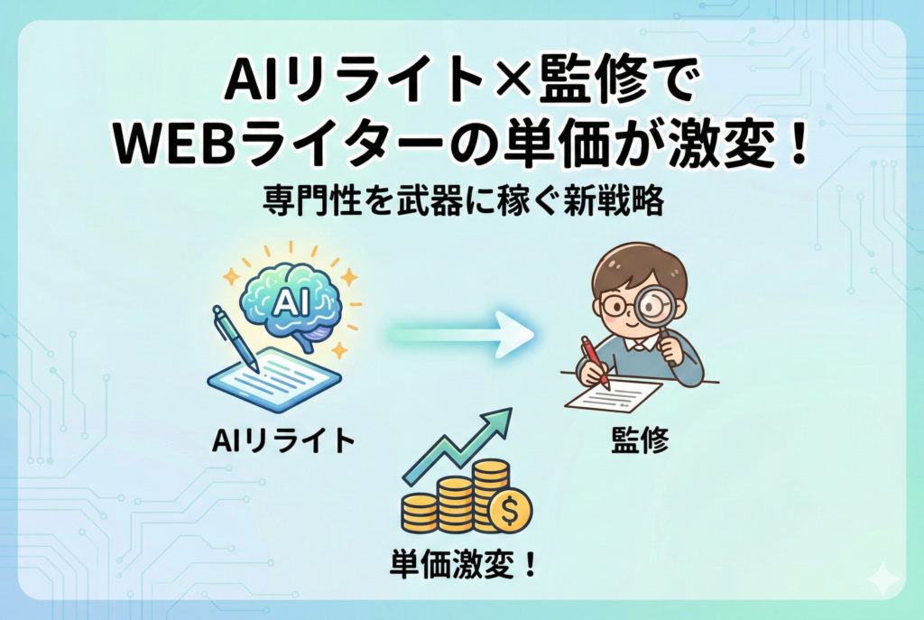 「AIリライト×監修でWEBライターの単価が激変！専門性を武器に稼ぐ新戦略」というタイトルのアイキャッチ画像。左側のAIがリライトするイラストと、右側の専門家が監修するイラストが矢印で繋がっており、中央下部でコインが積み上がり「単価激変！」と報酬アップを示している様子が描かれている。