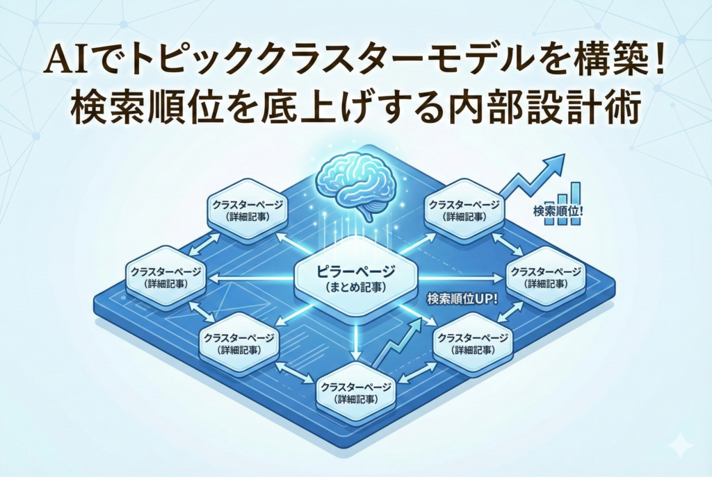 中央に配置された「ピラーページ（まとめ記事）」を核として、周囲の「クラスターページ（詳細記事）」が内部リンクの矢印で繋がっているトピッククラスターモデルの図解。上部にはAIを象徴する脳のアイコンが光り、検索順位の上昇を示すグラフと共に、サイトの内部設計が最適化される様子を精緻なイラストで表現している。