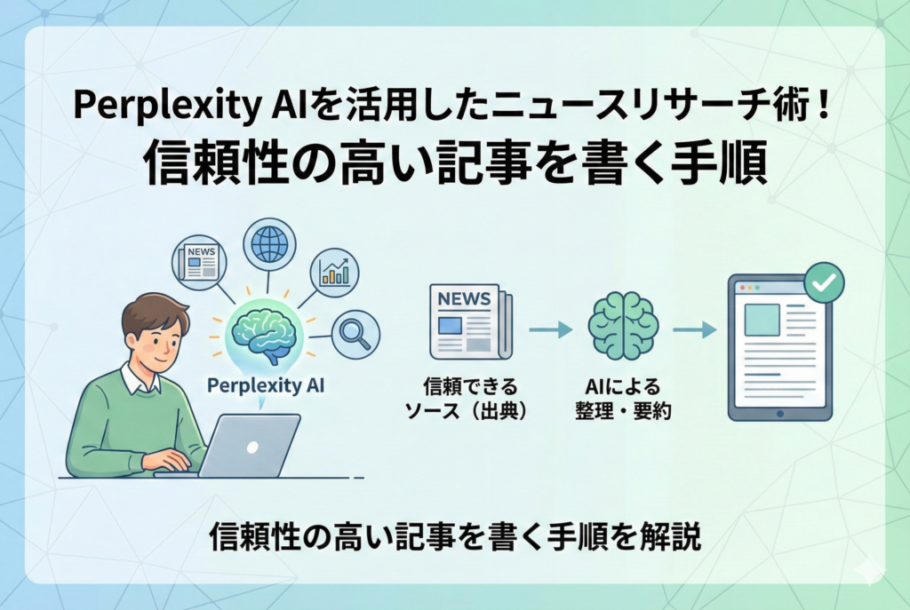 「Perplexity AIを活用してニュースリサーチを行い、信頼できる出典から情報を整理して記事を完成させるまでの流れを描いたイラスト」
