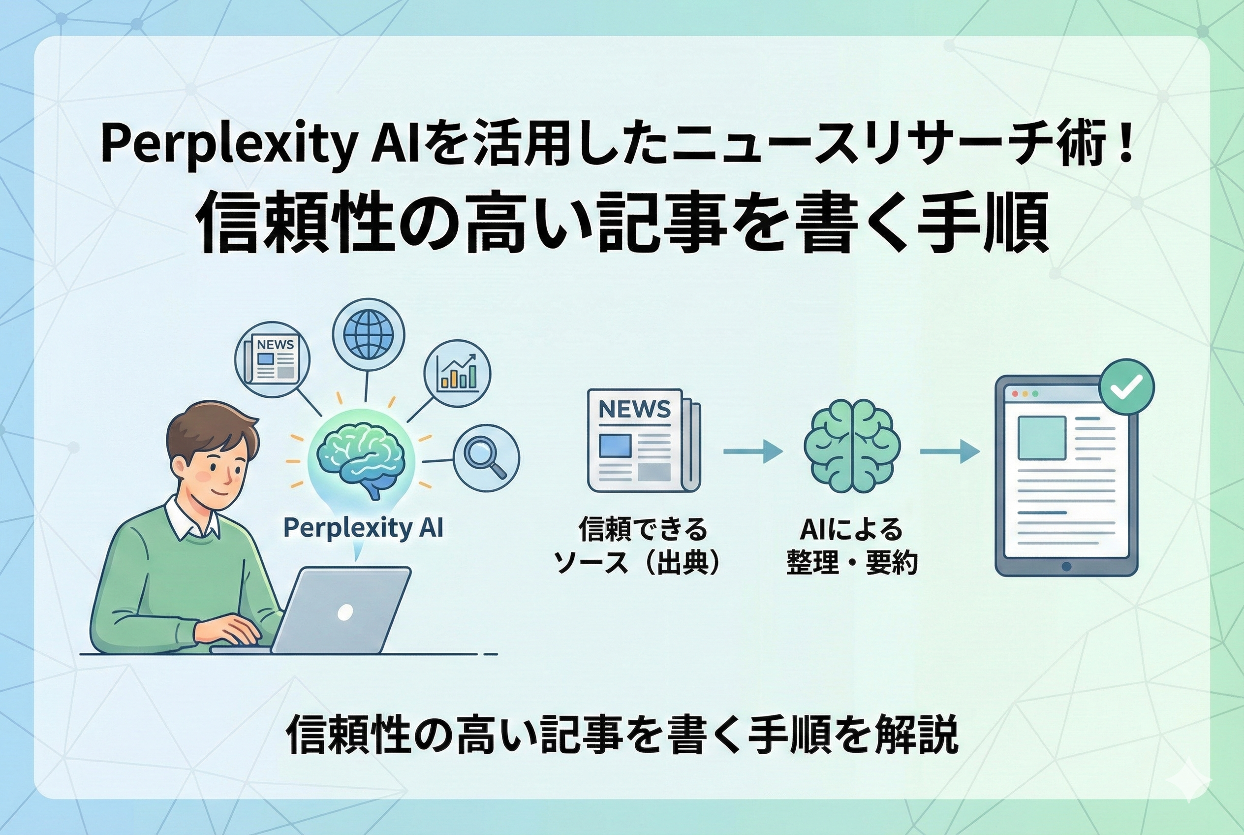 「Perplexity AIを活用してニュースリサーチを行い、信頼できる出典から情報を整理して記事を完成させるまでの流れを描いたイラスト」