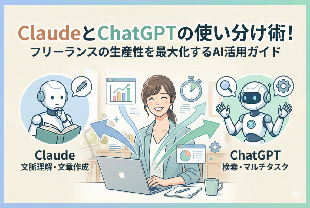 パソコンで作業する女性フリーランスの左右に、文章作成が得意なClaudeと検索・マルチタスクが得意なChatGPTを象徴するロボットが並び、生産性向上をイメージさせる親しみやすいイラスト。