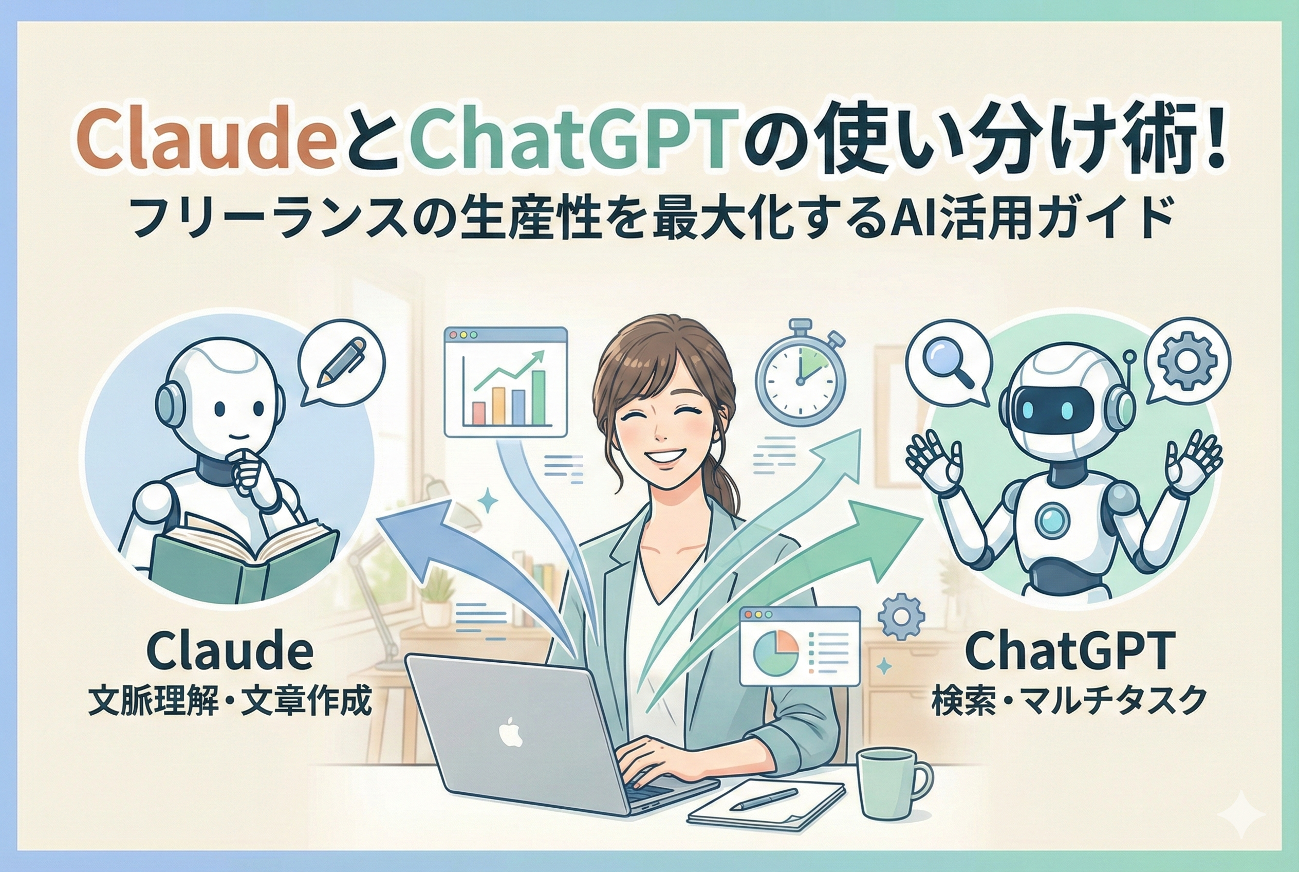 パソコンで作業する女性フリーランスの左右に、文章作成が得意なClaudeと検索・マルチタスクが得意なChatGPTを象徴するロボットが並び、生産性向上をイメージさせる親しみやすいイラスト。