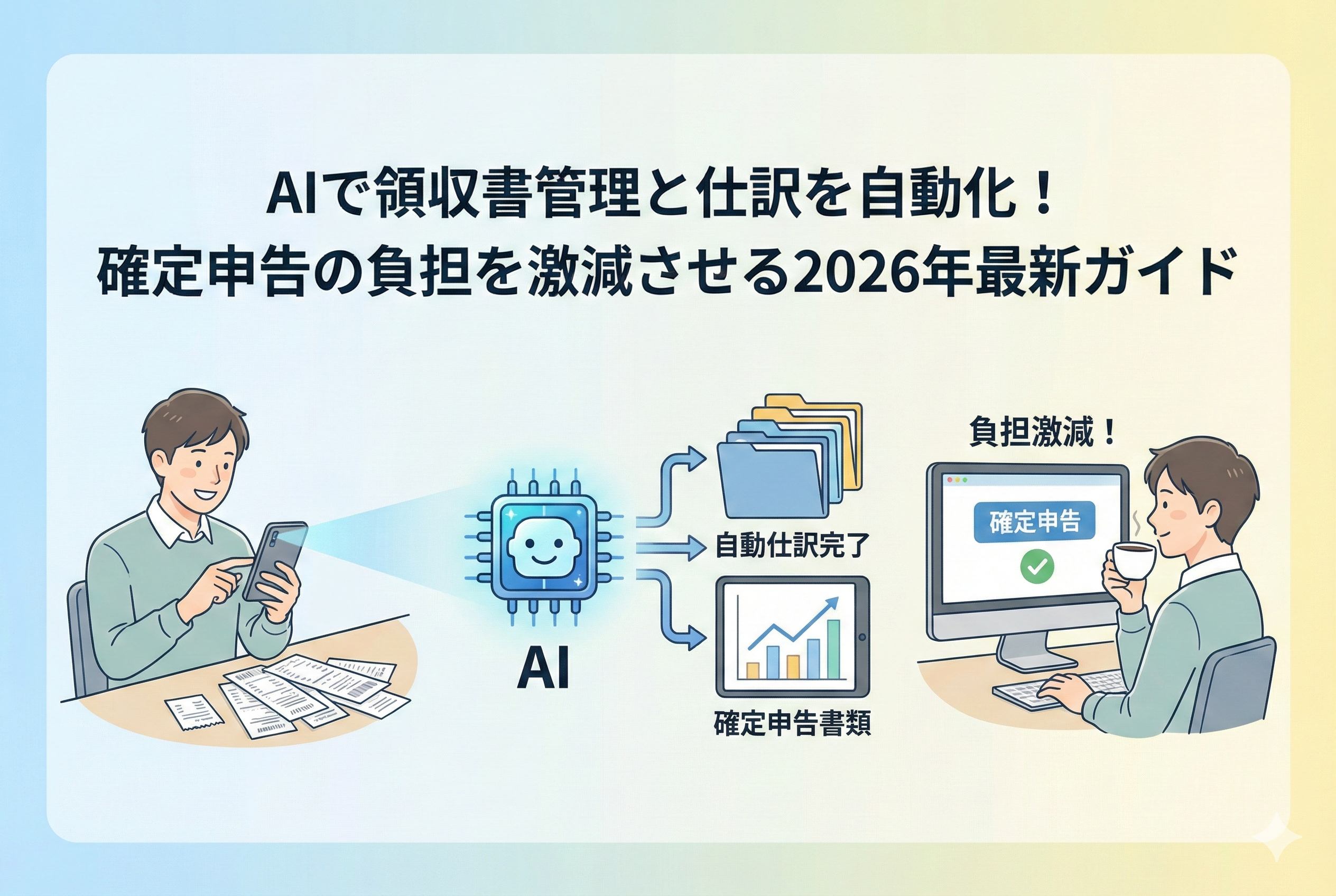 「AIで領収書管理と仕訳を自動化!確定申告の負担を激減させる2026年最新ガイド」という見出しが入ったアイキャッチ画像。スマホでレシートを撮影し、AIが自動でデータを読み取って仕訳を行い、確定申告書類が作成されてユーザーがリラックスしている様子を表現したイラスト。