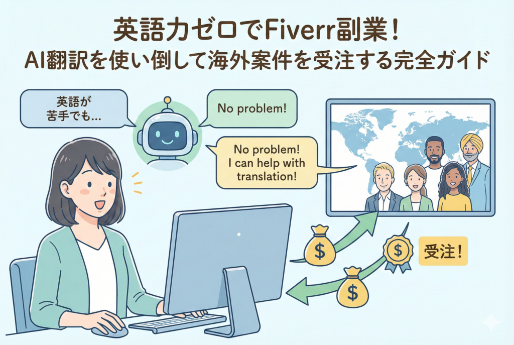 パソコンの前で「英語が苦手」と悩む日本人女性をAIロボットがサポートし、世界地図を通じて多様な海外クライアントと円滑に英語でコミュニケーションを行い、海外案件の受注(ドル報酬)に成功する様子を描いた親しみやすいイラスト。上部には「英語力ゼロでFiverr副業!AI翻訳を使い倒して海外案件を受注する完全ガイド」という日本語の見出しが入っています。