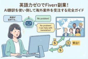 パソコンの前で「英語が苦手」と悩む日本人女性をAIロボットがサポートし、世界地図を通じて多様な海外クライアントと円滑に英語でコミュニケーションを行い、海外案件の受注（ドル報酬）に成功する様子を描いた親しみやすいイラスト。上部には「英語力ゼロでFiverr副業！AI翻訳を使い倒して海外案件を受注する完全ガイド」という日本語の見出しが入っています。