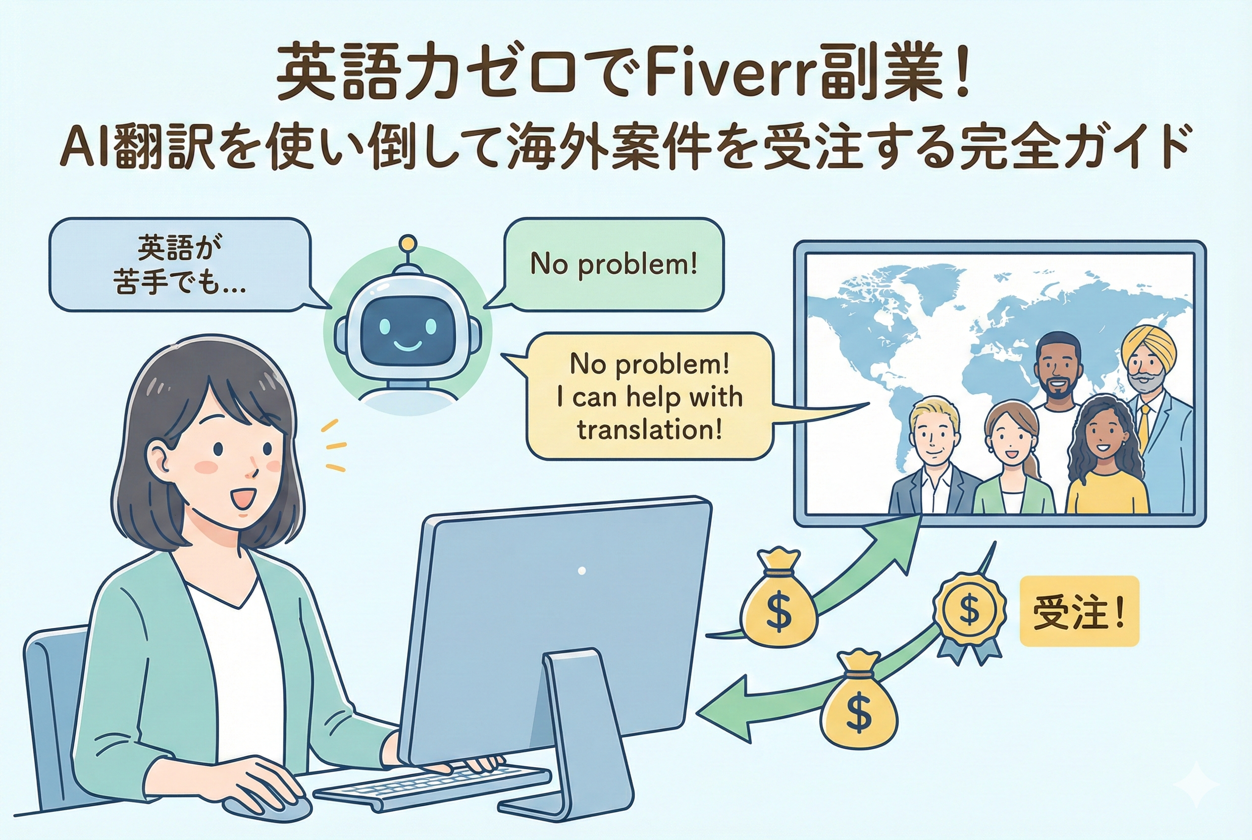 パソコンの前で「英語が苦手」と悩む日本人女性をAIロボットがサポートし、世界地図を通じて多様な海外クライアントと円滑に英語でコミュニケーションを行い、海外案件の受注（ドル報酬）に成功する様子を描いた親しみやすいイラスト。上部には「英語力ゼロでFiverr副業！AI翻訳を使い倒して海外案件を受注する完全ガイド」という日本語の見出しが入っています。