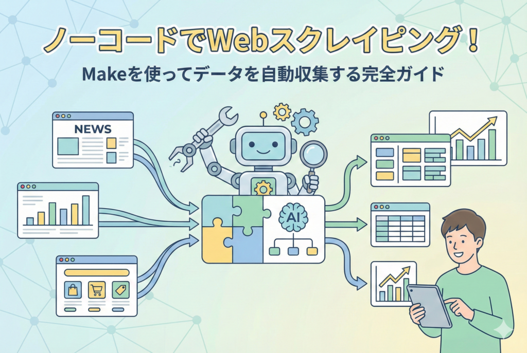 パズルやAIを象徴するロボットが、ニュースサイトやECサイトなどの複数の画面からデータを抽出し、整理された表やグラフへと自動で変換してユーザーに届けている様子を描いた、ノーコードスクレイピングの仕組みを表現するイラスト。
