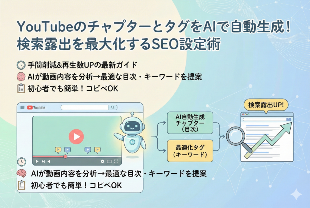 YouTubeの動画プレイヤーをAIロボットが分析し、チャプター(目次)と最適化タグを自動生成して検索露出を向上させる様子を描いたイラスト。明るく清潔感のあるデザインに「手間削減&再生数UP」などの日本語解説が含まれている。