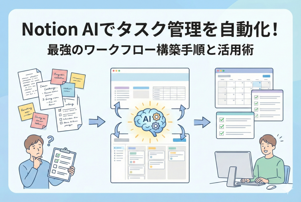 散らばったメモや山積みのタスクに困惑している人が、中央のAIエンジンを通じて、整理されたカンバンボードやチェックリスト、カレンダーへと自動変換され、笑顔で効率的に作業を進める様子を描いたインフォグラフィック風のイラスト。