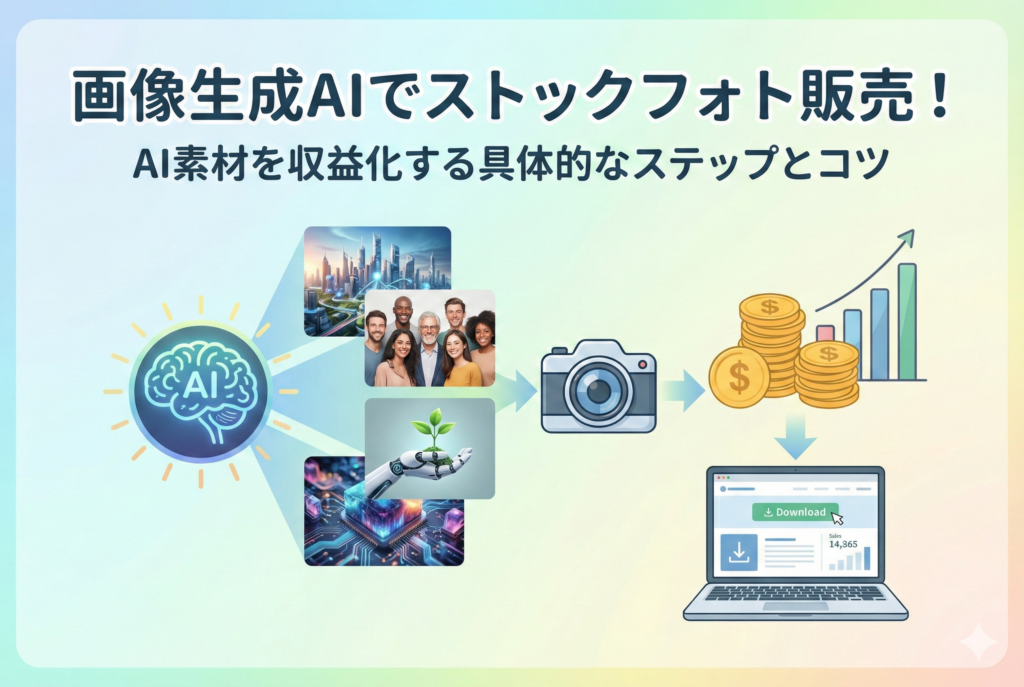 「画像生成AIでストックフォト販売！AI素材を収益化する具体的なステップとコツ」という見出しが入ったアイキャッチ画像。左側にはカメラとAIのチップを組み合わせたアイコンがあり、中央のノートパソコンには様々な写真が並ぶストックフォトサイトの画面が表示されている。右側には「収益化」という文字とともに、収益の上昇を示す棒グラフとコインが描かれた、清潔感のあるパステルカラーのデザイン。