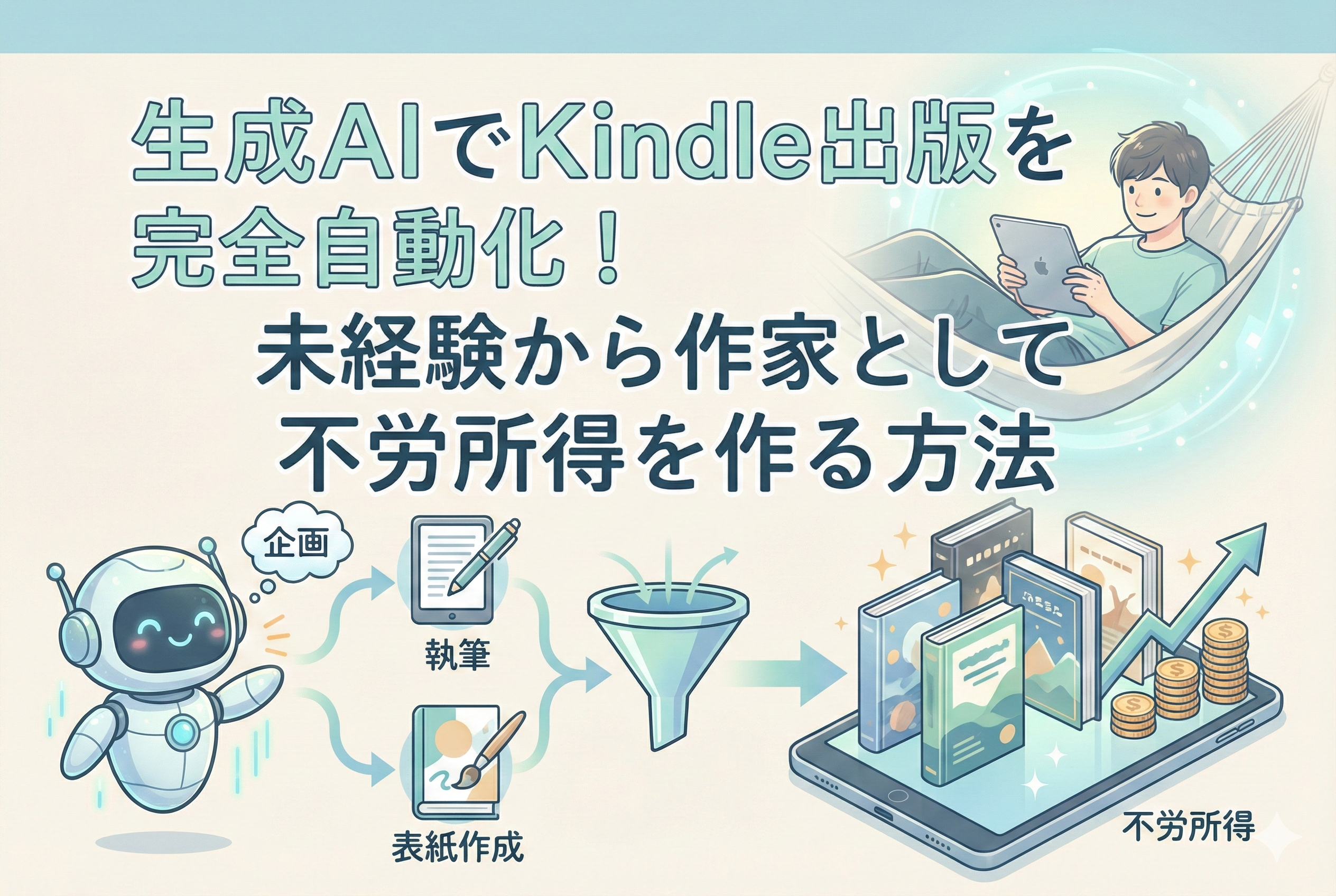 生成AIを活用してKindle出版を完全自動化し、未経験から作家として不労所得を得る方法を解説したアイキャッチ画像。左側のAIロボットが企画、執筆、表紙作成を自動化し、右側でタブレットから電子書籍と収益（コインと上昇矢印）が生まれている様子。背景にはハンモックでリラックスしながらタブレットを見る男性が描かれ、不労所得による自由な生活を表現している。