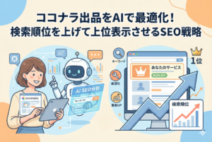 AIロボットと協力してココナラの出品データを分析する女性と、その結果として検索順位のグラフが急上昇し、検索結果で1位に表示されている様子を描いたイラスト。記事タイトル『ココナラ出品をAIで最適化！検索順位を上げて上位表示させるSEO戦略』の文字入り。