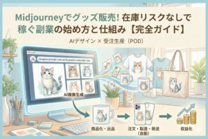 パソコン画面でMidjourneyを使って猫のイラストを生成し、それがTシャツやマグカップ、トートバッグなどの実物グッズへと形を変え、自動で注文・配送され収益化へと繋がる流れを描いた図解イラスト。上部には「Midjourneyでグッズ販売！在庫リスクなしで稼ぐ副業の始め方と仕組み【完全ガイド】」という見出しが入っています。