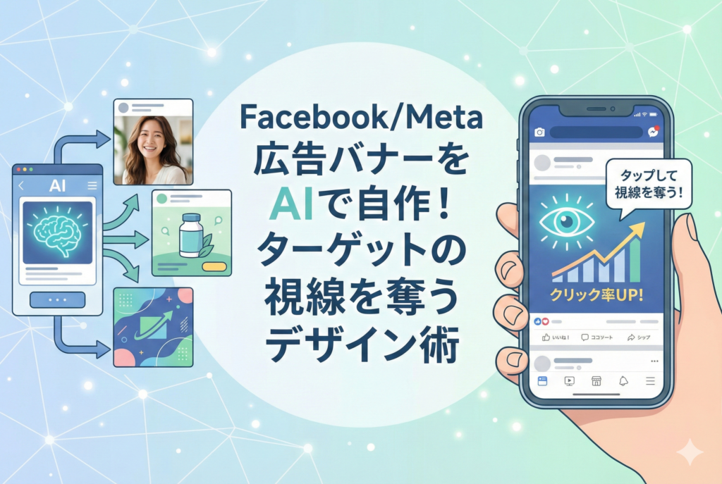 左側のAIツールから生成された広告バナーが、右側のスマートフォン画面でユーザーの視線を集め、クリック率が向上している様子を描いたイラスト図解。中央には「Facebook/Meta広告バナーをAIで自作!ターゲットの視線を奪うデザイン術」というタイトルが配置されている。
