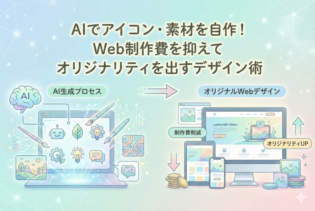 AIを活用してアイコンやイラスト素材を自作し、Web制作費を削減しながらサイトのオリジナリティを高めるデザイン術を解説した図。左側の「AI生成プロセス」ではAIが多様な素材を自動生成し、右側の「オリジナルWebデザイン」ではそれらの素材がPCやスマホのサイトに実装され、コスト削減と独自性向上が実現している様子が描かれている。