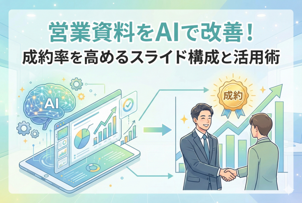「営業資料をAIで改善!成約率を高めるスライド構成と活用術」というタイトルのアイキャッチ画像。左側のAI(人工知能)がタブレット上でグラフ入りのスライド資料を自動生成するイラストから、右側の握手をするビジネスマンと「成約」メダル、右肩上がりの業績グラフへと矢印が伸びており、AI活用が営業の成功につながる様子を表現しています。