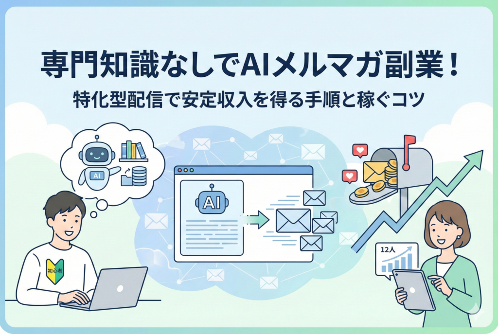 初心者マークをつけた男性がパソコンでAIと協力しながらメルマガを作成し、それが収益(コインの入ったポスト)や読者数の増加(上昇グラフ)に繋がっていく様子を描いたクリーンなイラスト。上部には「専門知識なしでAIメルマガ副業!特化型配信で安定収入を得る手順と稼ぐコツ」という見出しが入っています。